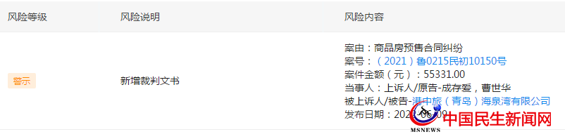 港中旅（青島）海泉灣有限公司新增裁判文書 案件金額55331元